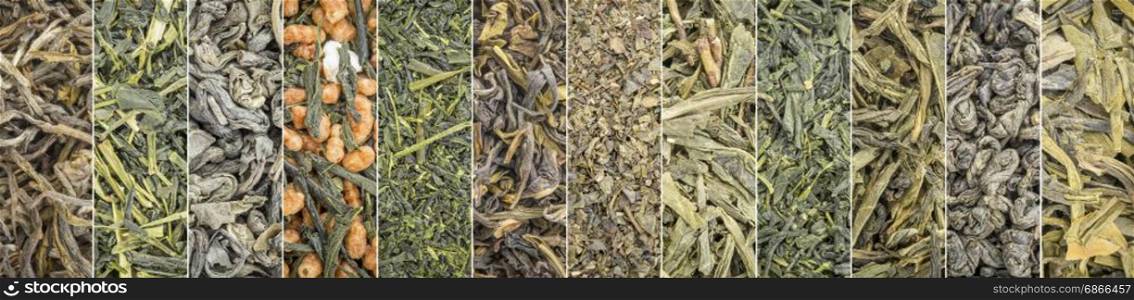 set of Chinese and Japanese green tea - a collage of 12 macro background shots of loose leaves