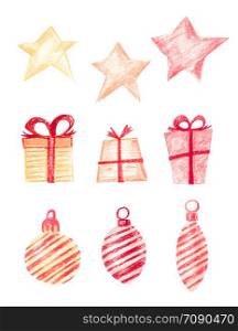 Set of Christmas gifts, stars and Christmas decorations. Festive boxes in wrapping paper with red ribbons. Stars red, yellow and orange. Christmas balls and icicles with diagonal stripes.. Christmas gifts, stars and Christmas decorations.