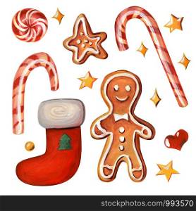 Set of christmas symbols. Yellow stars, red heart, caramel cane, lollipop, gingerbread man, red sock with green Christmas tree, star-shaped cookies isolated on white background.. Set of christmas symbols.