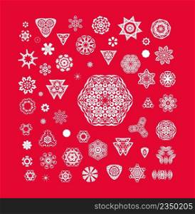 Set of Christmas white winter decorative snowflakes. Set of white snowflake on a red background. Set of Christmas white snowflakes