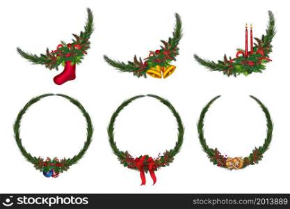 Set of christmas wreath with winter floral elements.
