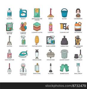 Set of Cleaning supplies thin line icons for any web and app project.