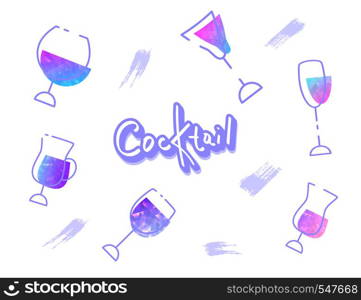 Set of cocktail beverages. Collection of drink glasses with handwritten lettering. Elements for holiday events design. Vector illustration.