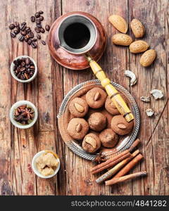 set of coffee spices. Cezve and candy truffles and set of coffee condiments