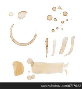 Set of coffee stains, drips and marks isolated on white