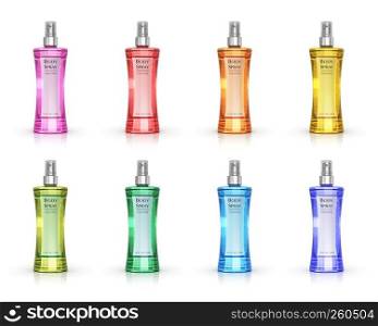 Set of color perfume bottles isolated on white background with reflection effect