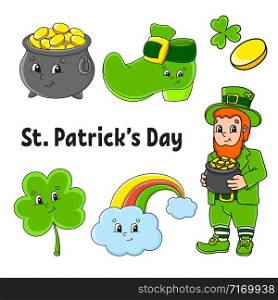 Set of color stickers for kids. Leprechaun with a pot of gold, boot, gold coin, clover, magic rainbow. St. Patrick &rsquo;s Day. Cartoon characters. Black stroke. Isolated vector illustration.