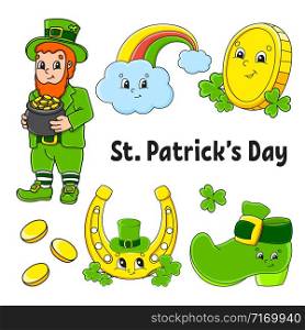 Set of color stickers for kids. Leprechaun with a pot of gold, boot, gold coin, clover, magic rainbow, horseshoe. St. Patrick &rsquo;s Day. Cartoon characters. Black stroke. Isolated vector illustration.