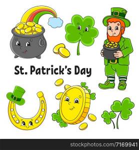 Set of color stickers for kids. Leprechaun with a pot of gold, gold coin, clover, magic rainbow, horseshoe. St. Patrick &rsquo;s Day. Cartoon characters. Black stroke. Isolated vector illustration.