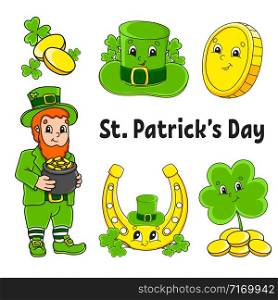 Set of color stickers for kids. St. Patrick &rsquo;s Day. Leprechaun with a pot of gold, gold coin, clover, hat, golden horseshoe. Cartoon characters. Black stroke. Isolated vector illustration.