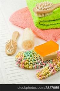 set of colored bath accesories
