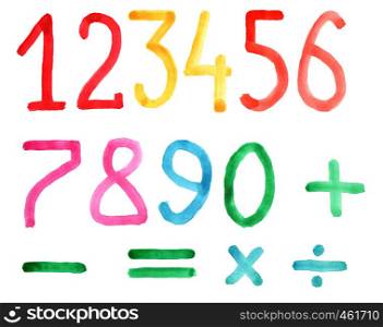 set of colored digits and math symbols for your design and style watercolor