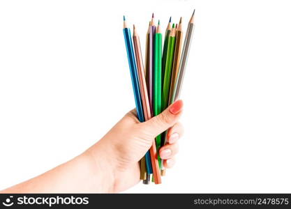 Set of colored pencils in hand on a white background. Back to school concept.. Set of colored pencils in hand on white background. Back to school concept.