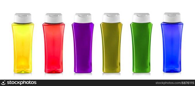 Set of colored shower gel bottles isolated on white background