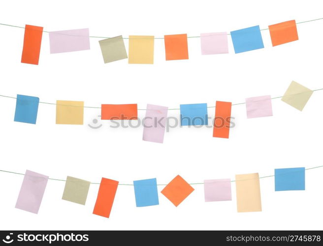 set of colored sticky notes hanging on wire (isolated on white background)