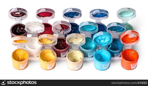 Set of colorful acrylic paints in open jars isolated on white background