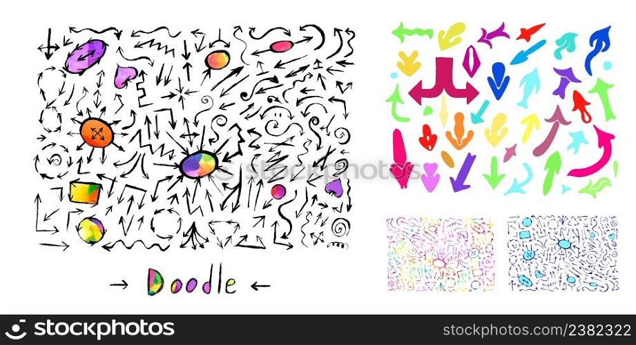 Set of colorful art arrows isolated on white background. . Colorful art arrows