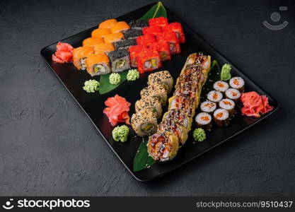 set of colorful different kinds of sushi rolls