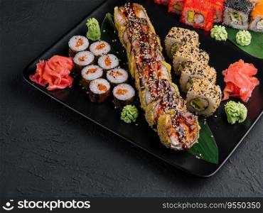 set of colorful different kinds of sushi rolls