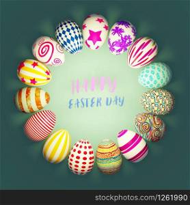 Set of colorful easter eggs arrange in circle shape with text in middle place on green background. 3D aimation