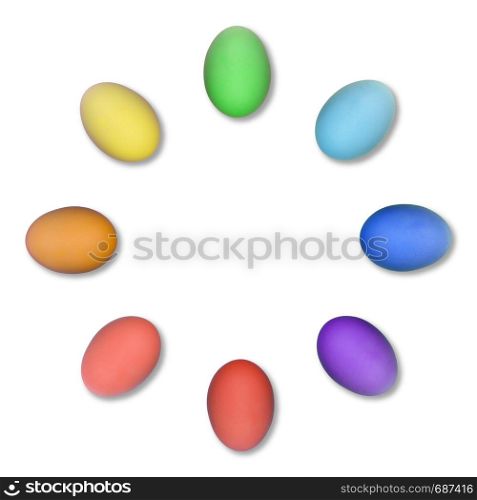 Set of colorful Easter eggs grouped in a circle isolated on white background.. Set of colorful Easter eggs isolated on white background.