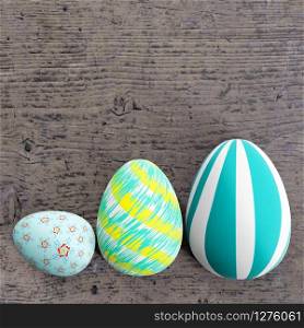 Set of colorful easter eggs place on gray wooden bakcground with space. 3D illustration.