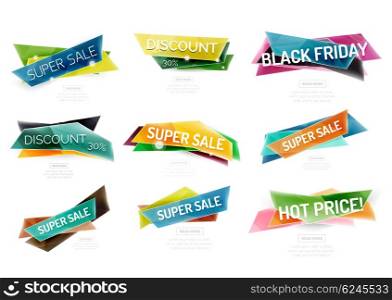 Set of colorful geometric shape sale banners. Set of colorful geometric shape sale banners with promotional ad text. collection