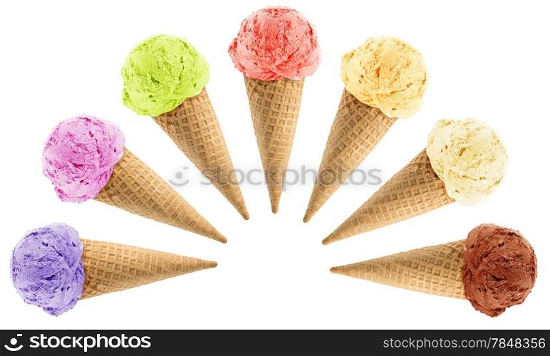 Set of colorful Ice cream with cone on white background with clipping path.. Ice Cream cone