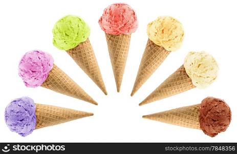 Set of colorful Ice cream with cone on white background with clipping path.. Ice Cream cone