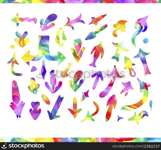 Set of colorful watercolor arrows isolated on white background. Set of hand drawn watercolor arrows