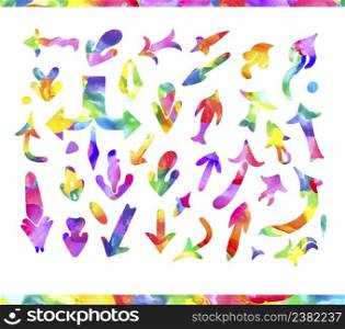 Set of colorful watercolor arrows isolated on white background. Set of hand drawn watercolor arrows