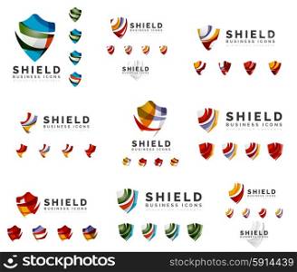 Set of company logotype branding designs, shield protection concept icons isolated on white