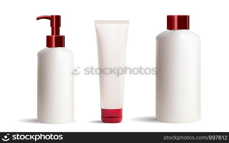 Set of cosmetic bottles and tubes mockup. Pearl white jars with red caps and dispenser. Clear Packaghing without label for your design of shampoo, cream, toothpaste, liquid soap, conditioner.. Cosmetic bottle, tube mockup. Pearl white jar