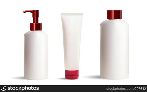 Set of cosmetic bottles and tubes mockup. Pearl white jars with red caps and dispenser. Clear Packaghing without label for your design of shampoo, cream, toothpaste, liquid soap, conditioner.. Cosmetic bottle, tube mockup. Pearl white jar