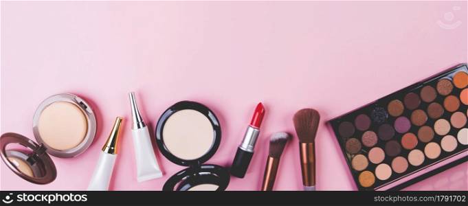 Set of cosmetic makeup tool isolated on pink background, top view, flat lay, brush and lipstick and makeup palette kit, no people, nobody, copy space, group object about beauty, collection make-up.