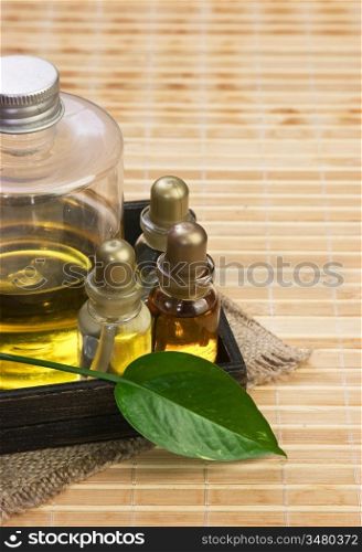 set of cosmetic oils for a SPA in a wooden box