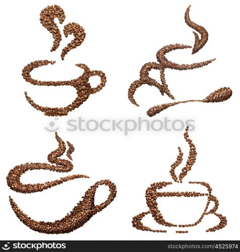 Set of cup shapes of roasted coffee beans isolated on white.