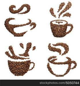 Set of cup shapes of roasted coffee beans isolated on white.