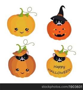 Set of cute black cats sitting in pumpkins for Halloween. Cartoon flat style. Vector illustration
