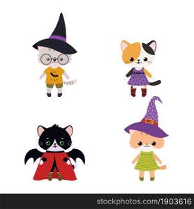 Set of cute kawaii cats in costume for Halloween. Cartoon flat style. Vector illustration