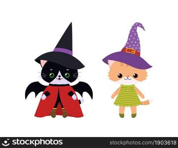 Set of cute kawaii cats in costume for Halloween. Cartoon flat style. Vector illustration