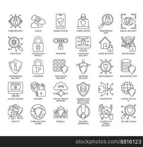 Set of Cyber security thin line icons for any web and app project.