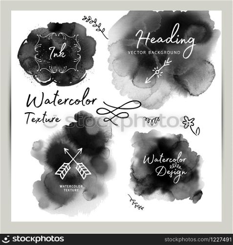 Set of dark gray black watercolor vector circle stains isolated on white background with realistic paper watercolor texture.. Set of dark gray black watercolor vector circle stains isolated on white with realistic paper watercolor texture. Aquarelle grey vibrant spots.