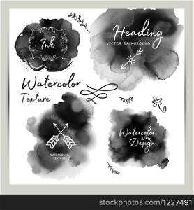 Set of dark gray black watercolor vector circle stains isolated on white background with realistic paper watercolor texture.. Set of dark gray black watercolor vector circle stains isolated on white with realistic paper watercolor texture. Aquarelle grey vibrant spots.