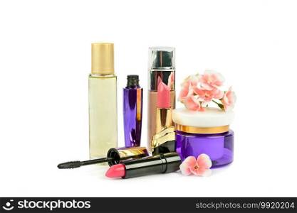 Set of decorative cosmetics and skin care products isolated on white background.