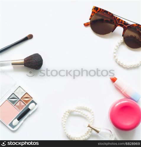 set of decorative cosmetics and woman essentials on white background