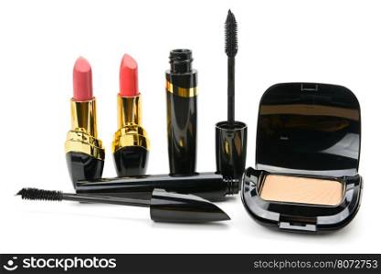 Set of decorative cosmetics: powder, lipstick and mascara isolated on white background.