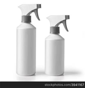 set of detergent bottles or chemical cleaning supplies isolated on white, with clipping path