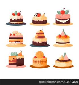 Set of different cakes. Vector illustration in cartoon style. Isolated on white background.