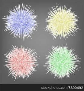 Set of Different Colorful Fur Spheres Isolated on Grey Blurred Background. Fluffy Colored Balls. Set of Different Colorful Fur Spheres Background